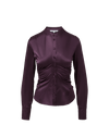 Veronica Beard Purple satin long-sleeve button-down shirt with ruched waist.
