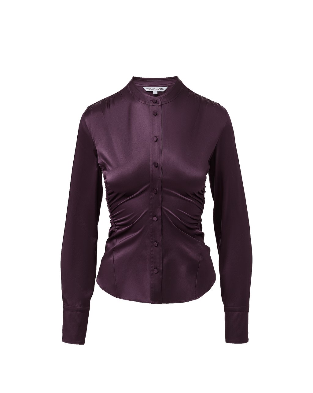 Veronica Beard Purple satin long-sleeve button-down shirt with ruched waist.
