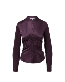 Veronica Beard Purple satin long-sleeve button-down shirt with ruched waist.