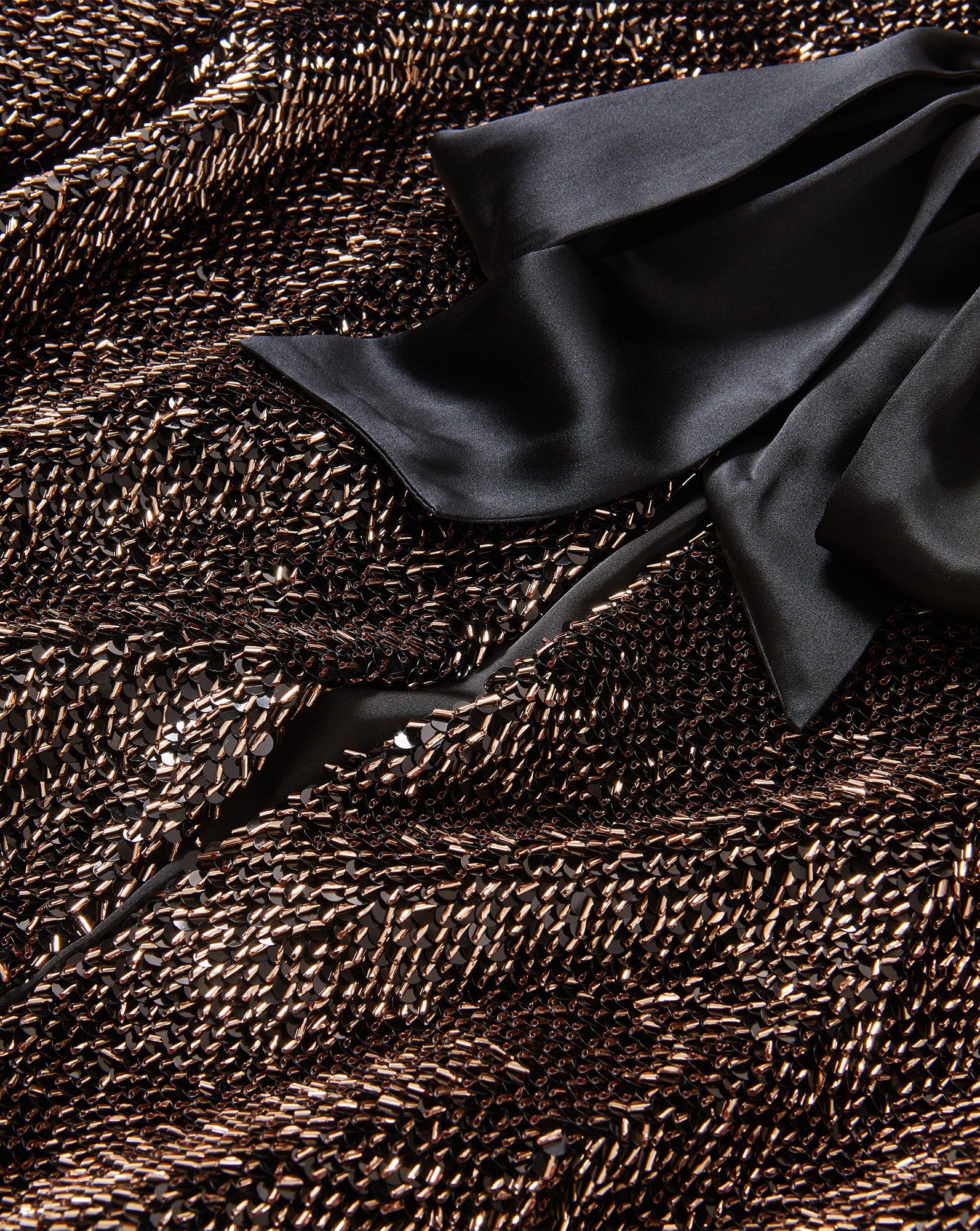 Veronica Beard Bronze sequin dress with black satin bow.