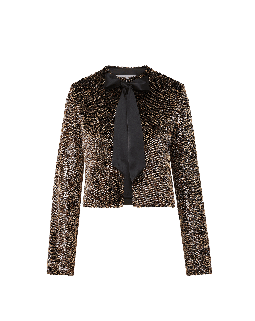 Veronica Beard Bronze sequin cropped jacket with black necktie.
