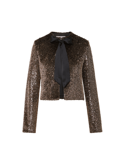 Veronica Beard Bronze sequin cropped jacket with black necktie.