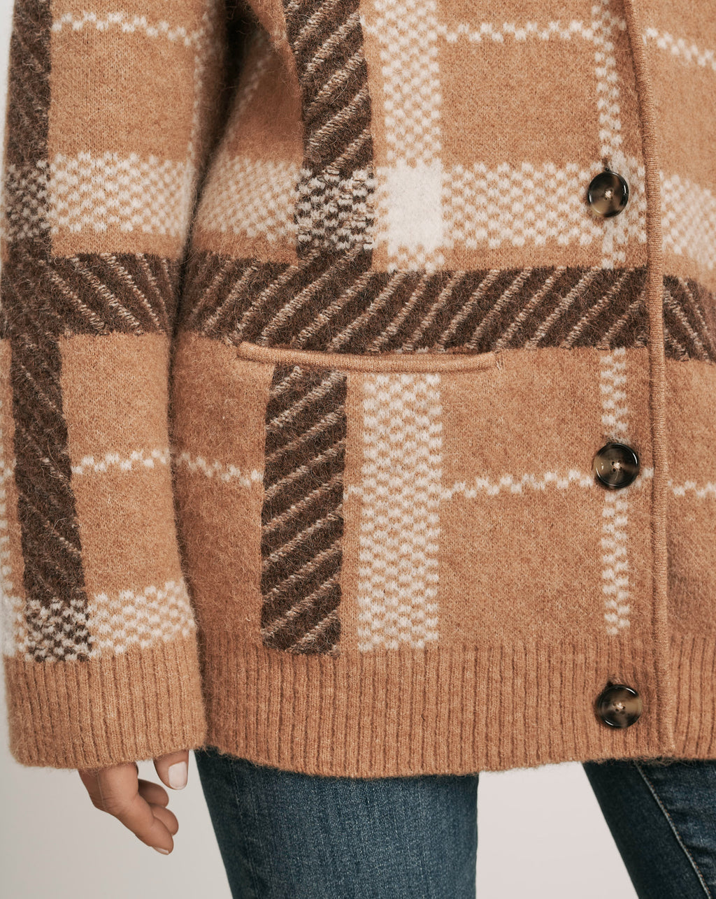 Veronica Beard Brown plaid knit cardigan with buttons and pocket.