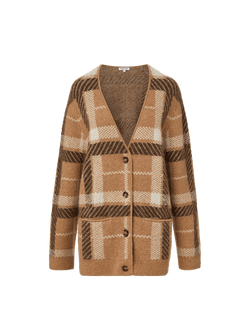 Veronica Beard Brown plaid knit cardigan with button front closure.