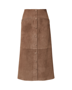 Veronica Beard Brown suede A-line midi skirt with button front.