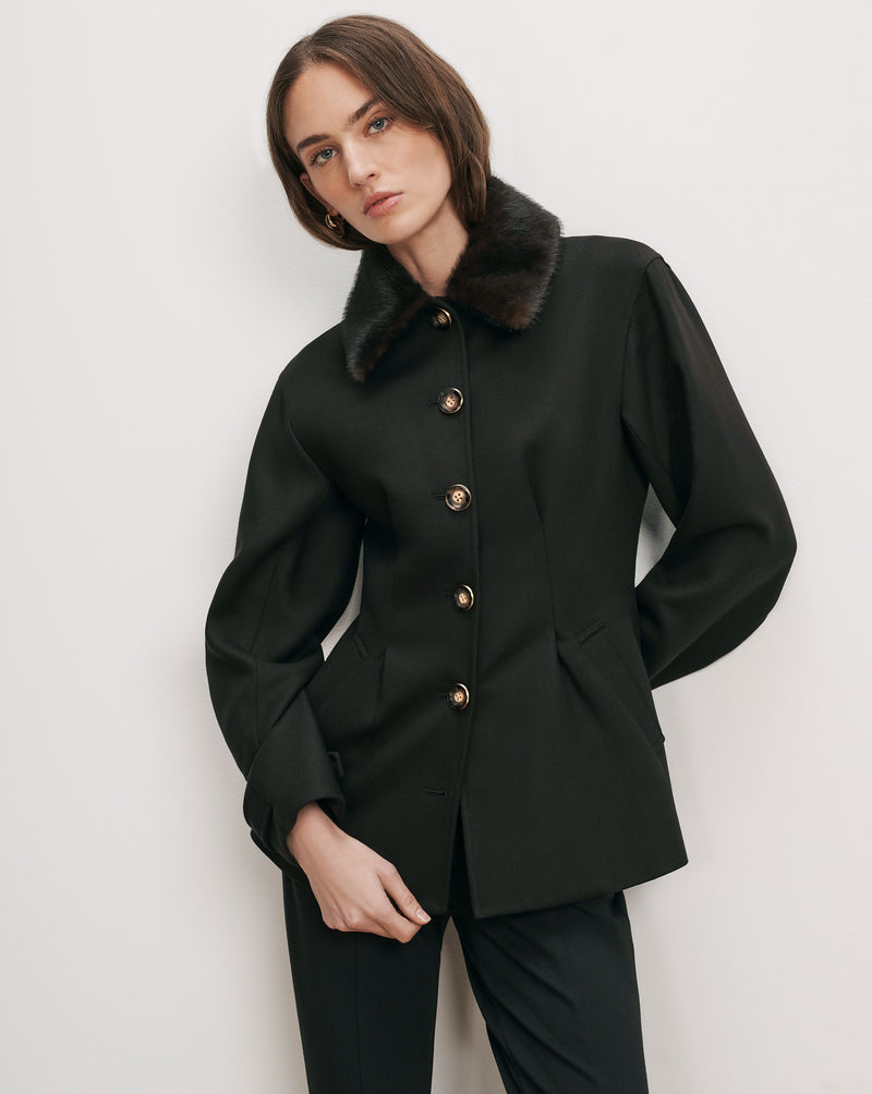Veronica Beard Black wool jacket with faux fur collar.