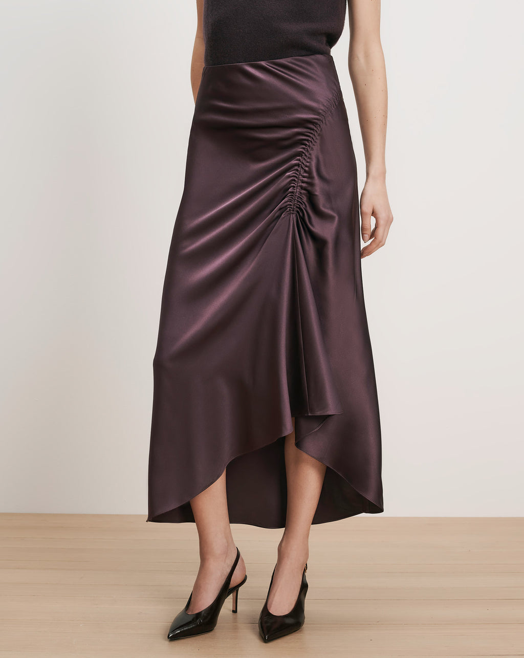 Veronica Beard Plum satin ruched midi skirt