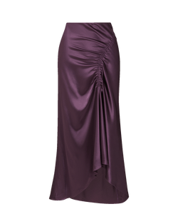 Veronica Beard Purple satin midi skirt with side ruching detail.
