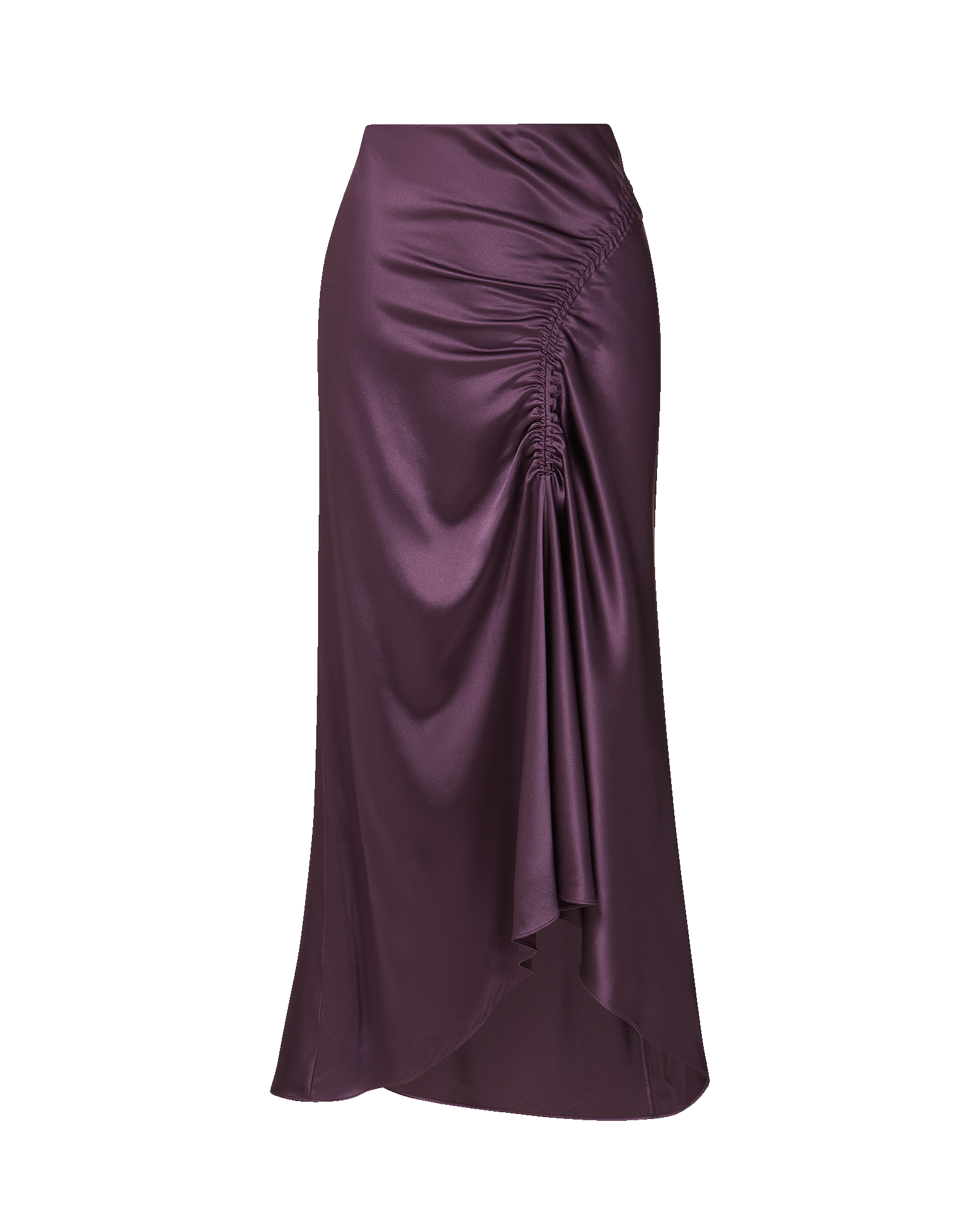 Veronica Beard Purple satin midi skirt with side ruching detail.