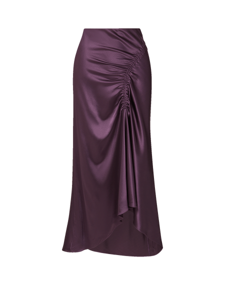 Veronica Beard Purple sleeveless turtleneck and satin ruched skirt.
