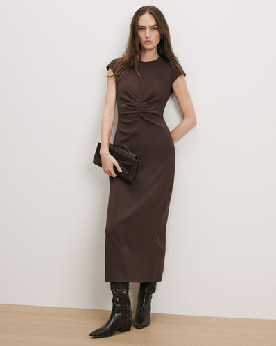 Veronica Beard Brown midi dress, ruched waist, cap sleeves.