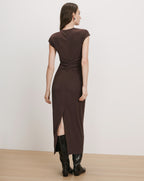 Veronica Beard Brown midi dress, ruched waist, back slit.