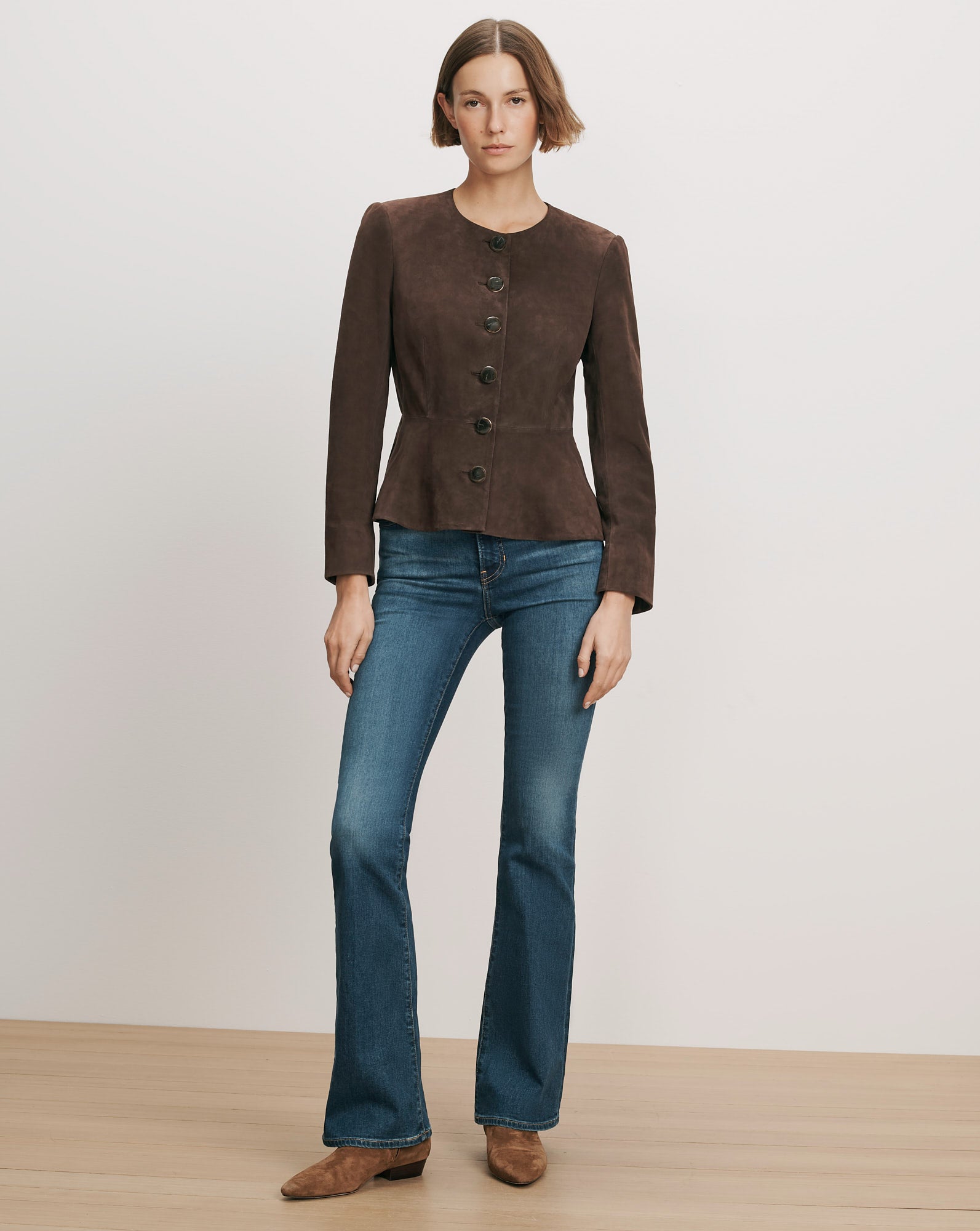 Veronica Beard Brown suede peplum jacket with button front.