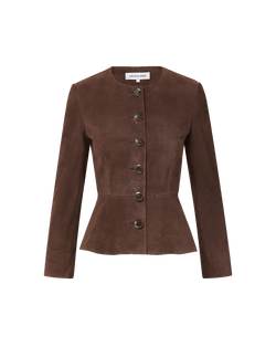 Veronica Beard Brown suede peplum jacket with button front.