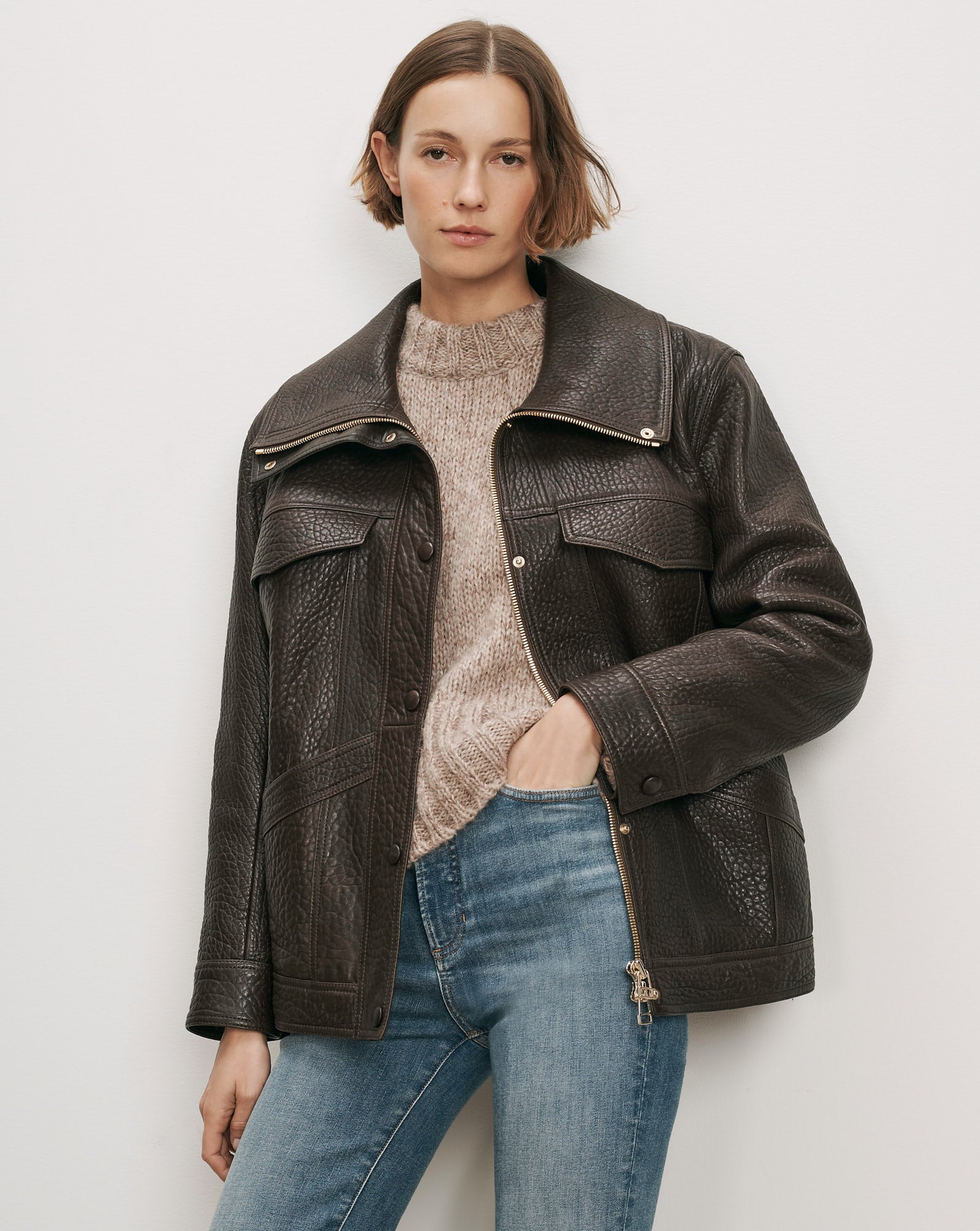 Bateman Suede Jacket in Tan Calfskin | Veronica Beard