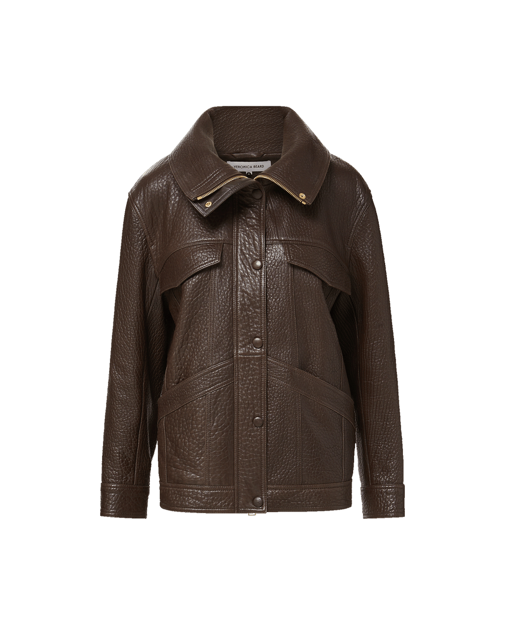 Veronica Beard Brown leather jacket with large collar and pockets.