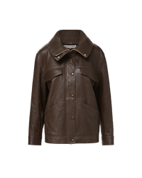 Veronica Beard Brown leather jacket with large collar and pockets.