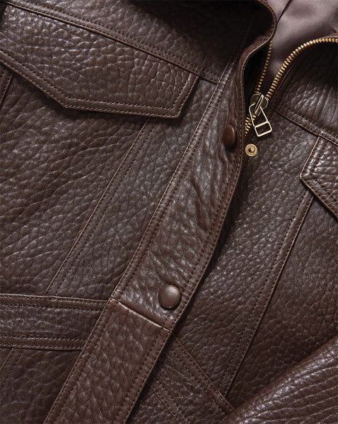 Veronica Beard Brown textured leather jacket with gold zipper.