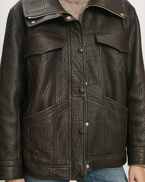 Veronica Beard Brown pebbled leather jacket with button front closure.