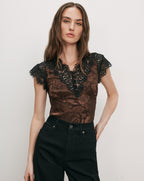 Veronica Beard Brown floral lace-trim satin blouse
