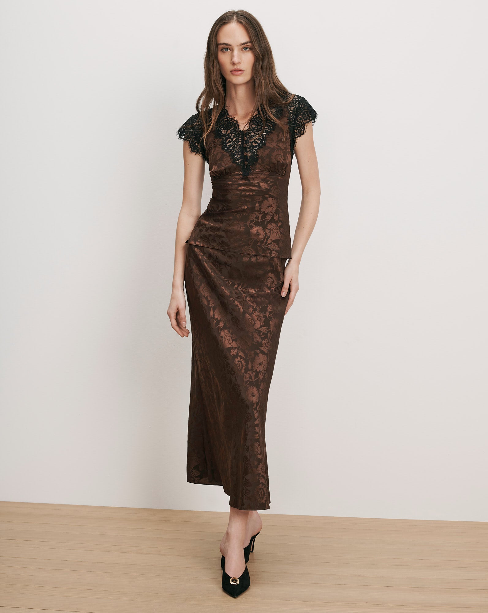 Veronica Beard Brown floral maxi dress with black lace trim.