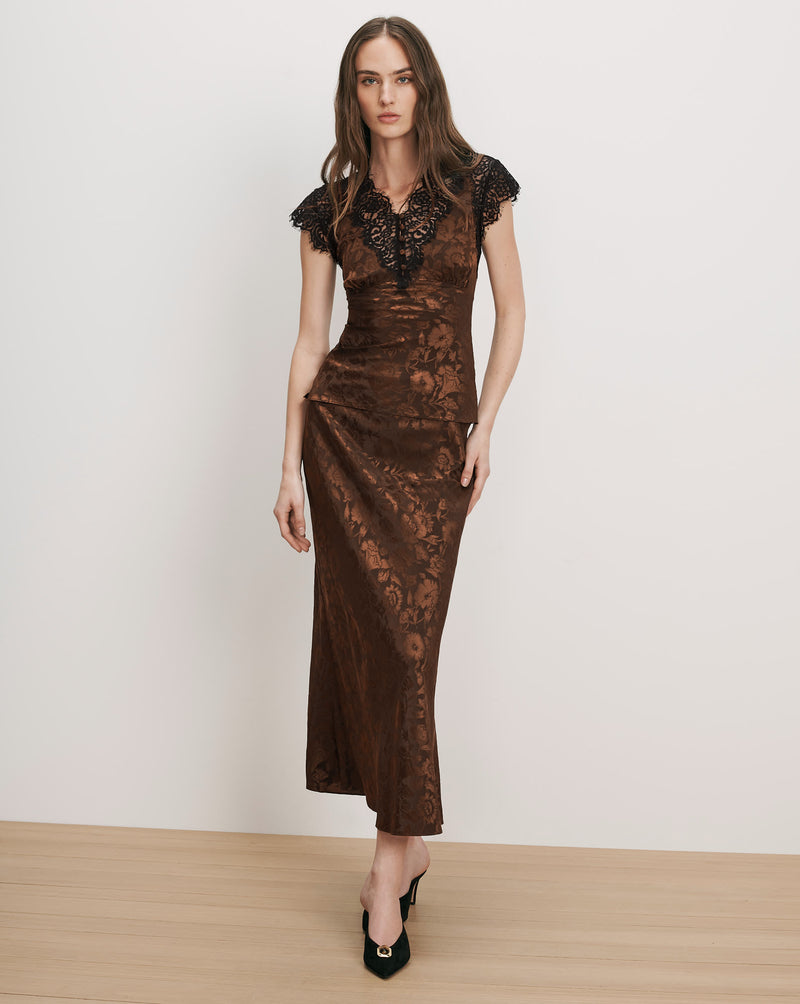 Veronica Beard Brown floral maxi dress with black lace trim.