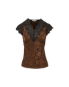 Veronica Beard Brown floral satin blouse with black lace trim.