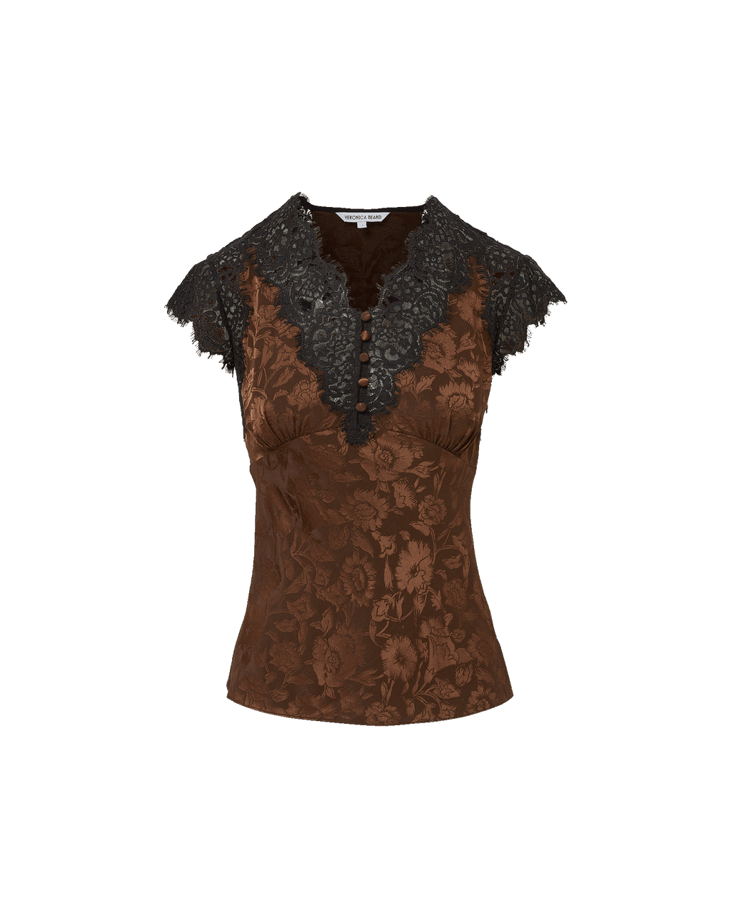 Veronica Beard Brown floral satin blouse with black lace trim.
