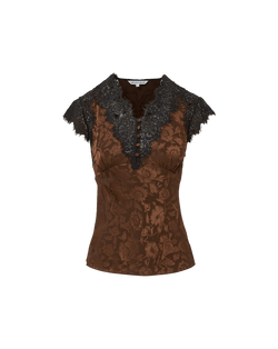 Veronica Beard Brown floral satin blouse with black lace trim.