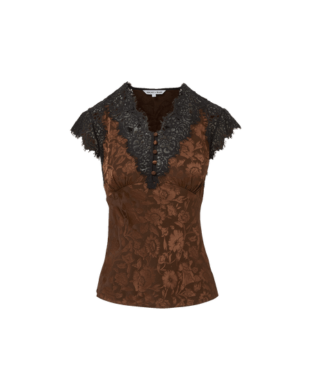 Veronica Beard Brown floral maxi dress with black lace trim.