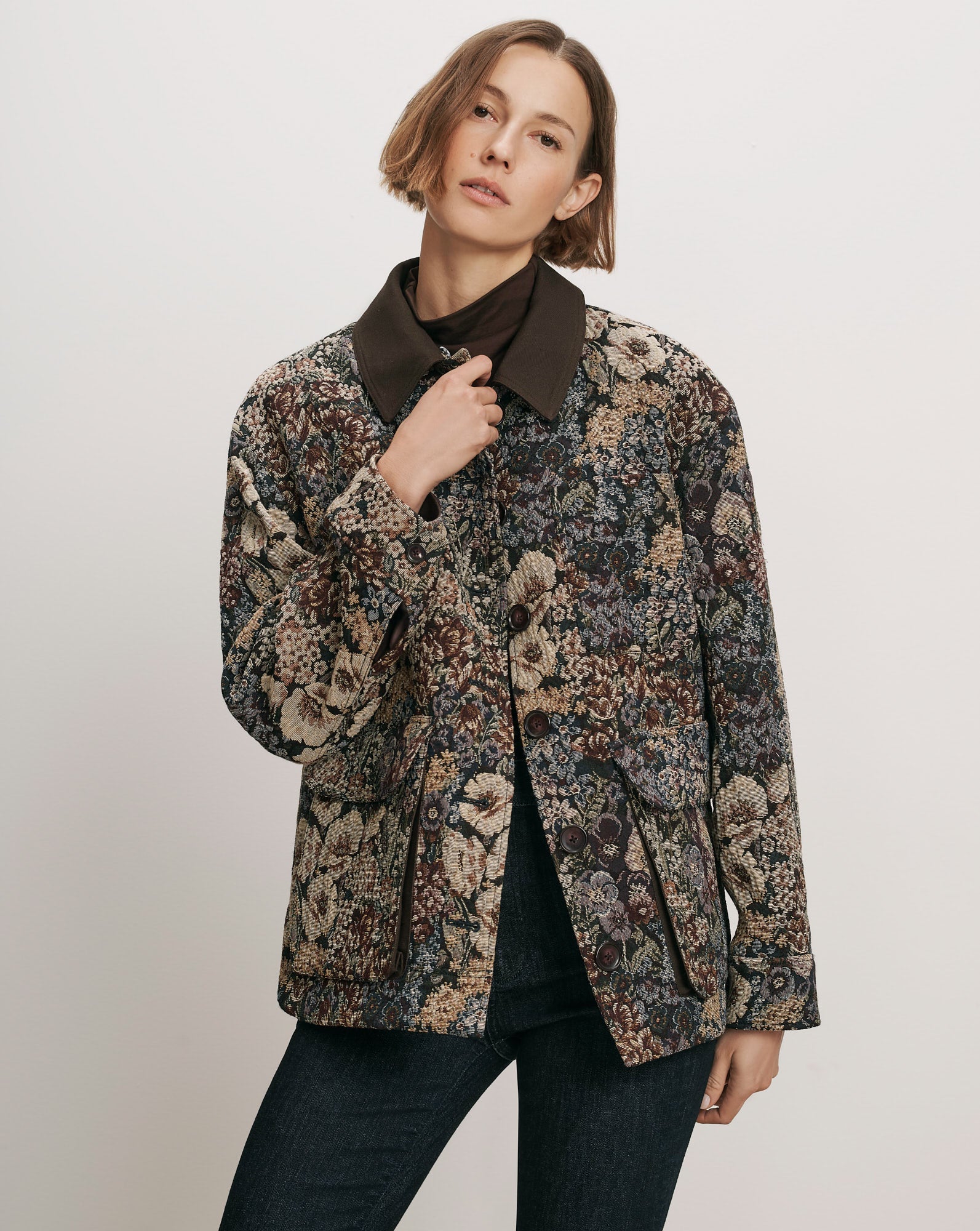 Veronica Beard Floral tapestry jacket with brown collar