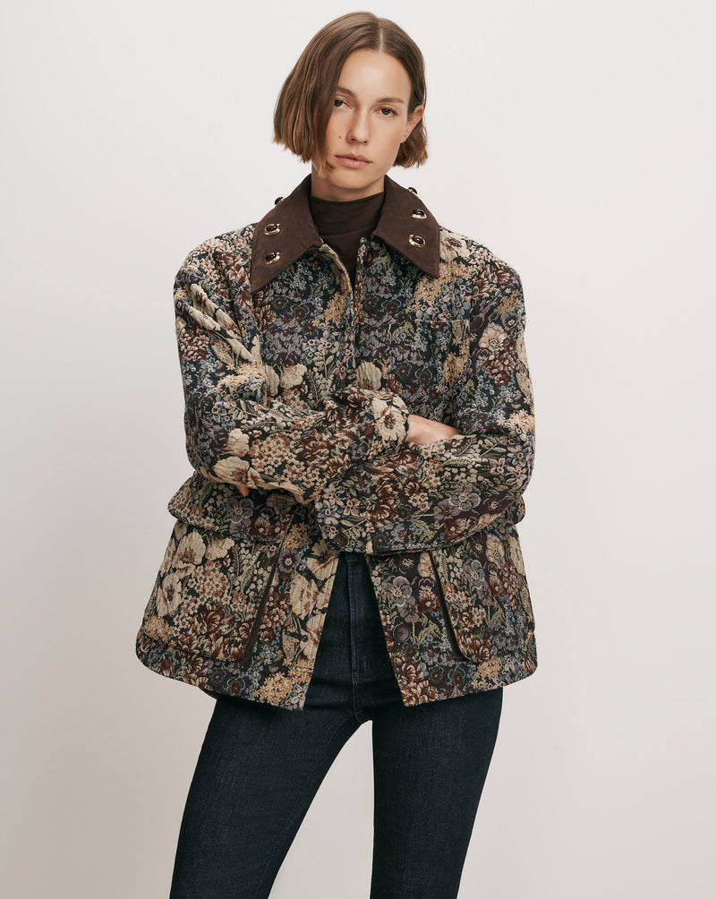 Veronica Beard Floral tapestry jacket with brown collar and gold buttons.