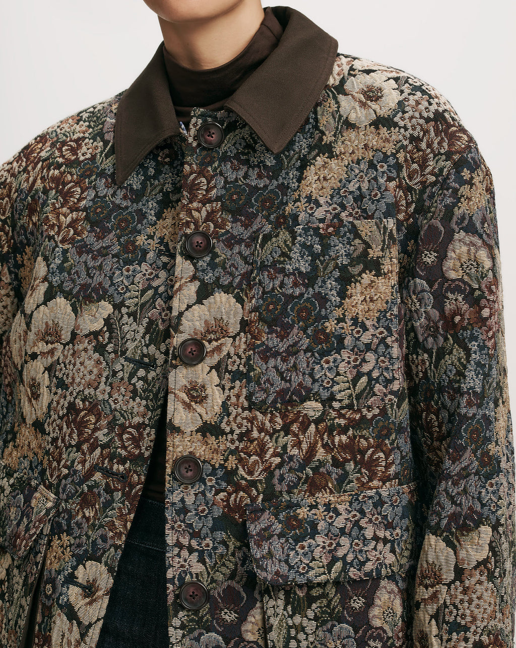 Veronica Beard Floral tapestry jacket with brown collar and buttons.