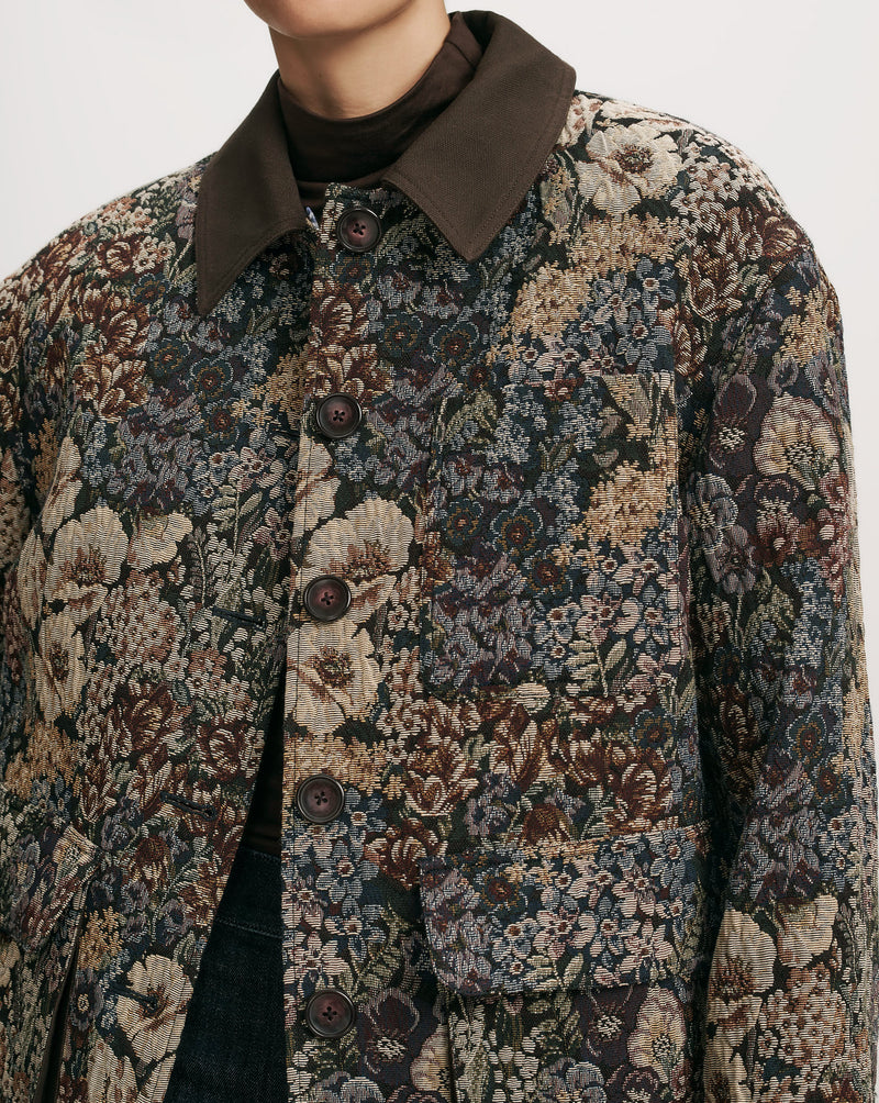 Veronica Beard Floral tapestry jacket with brown collar and buttons.