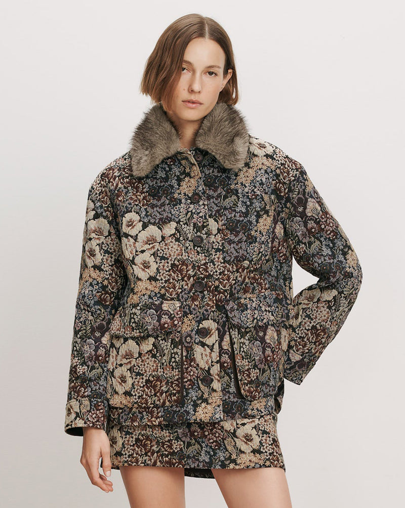 Veronica Beard Floral tapestry jacket with faux fur collar.