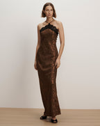 Veronica Beard Brown satin jacquard slip dress with lace trim.