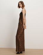 Veronica Beard Brown floral satin slip dress, black lace trim.