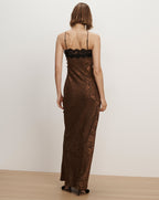 Veronica Beard Brown satin slip dress with black lace.