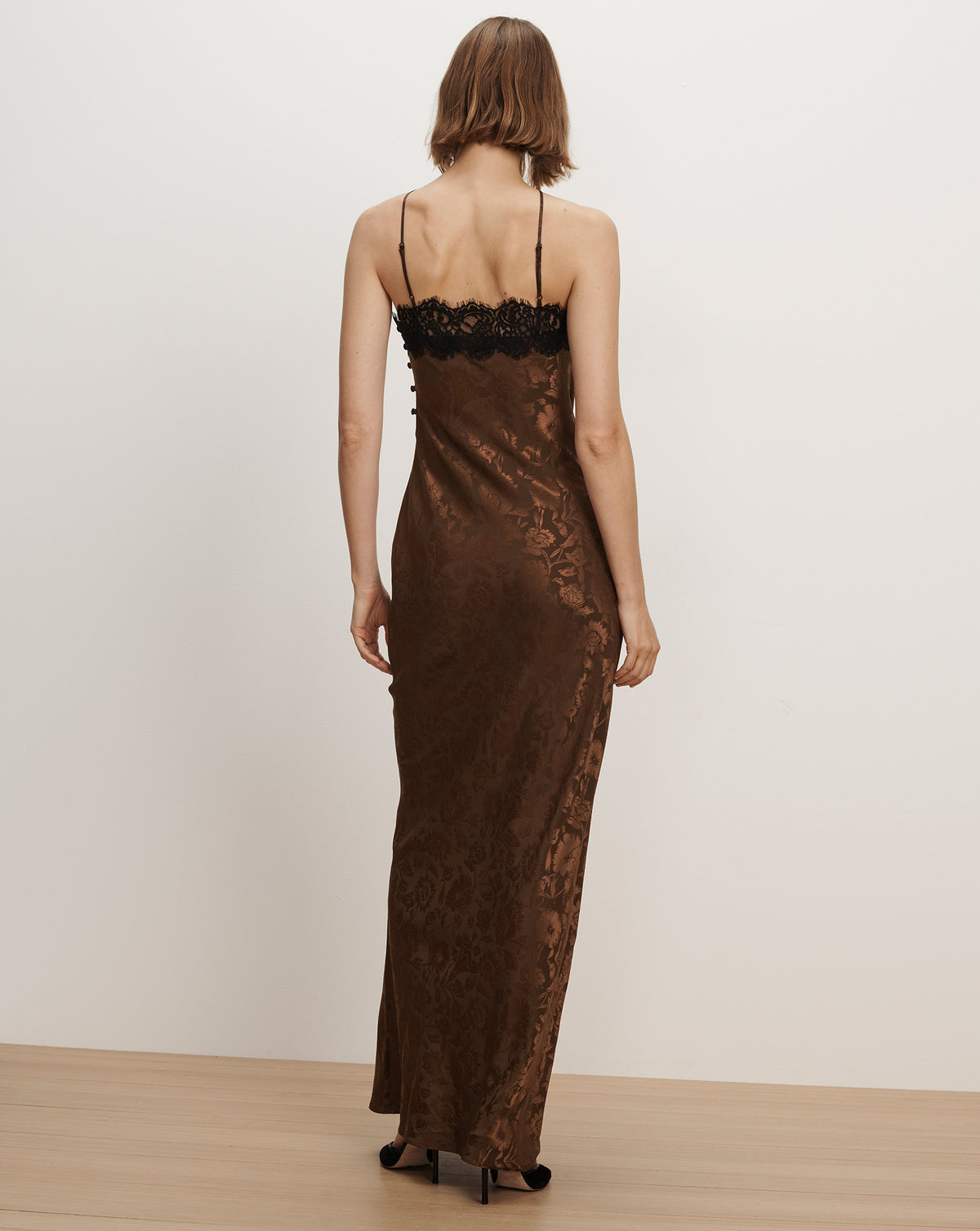 Veronica Beard Brown satin slip dress with black lace.