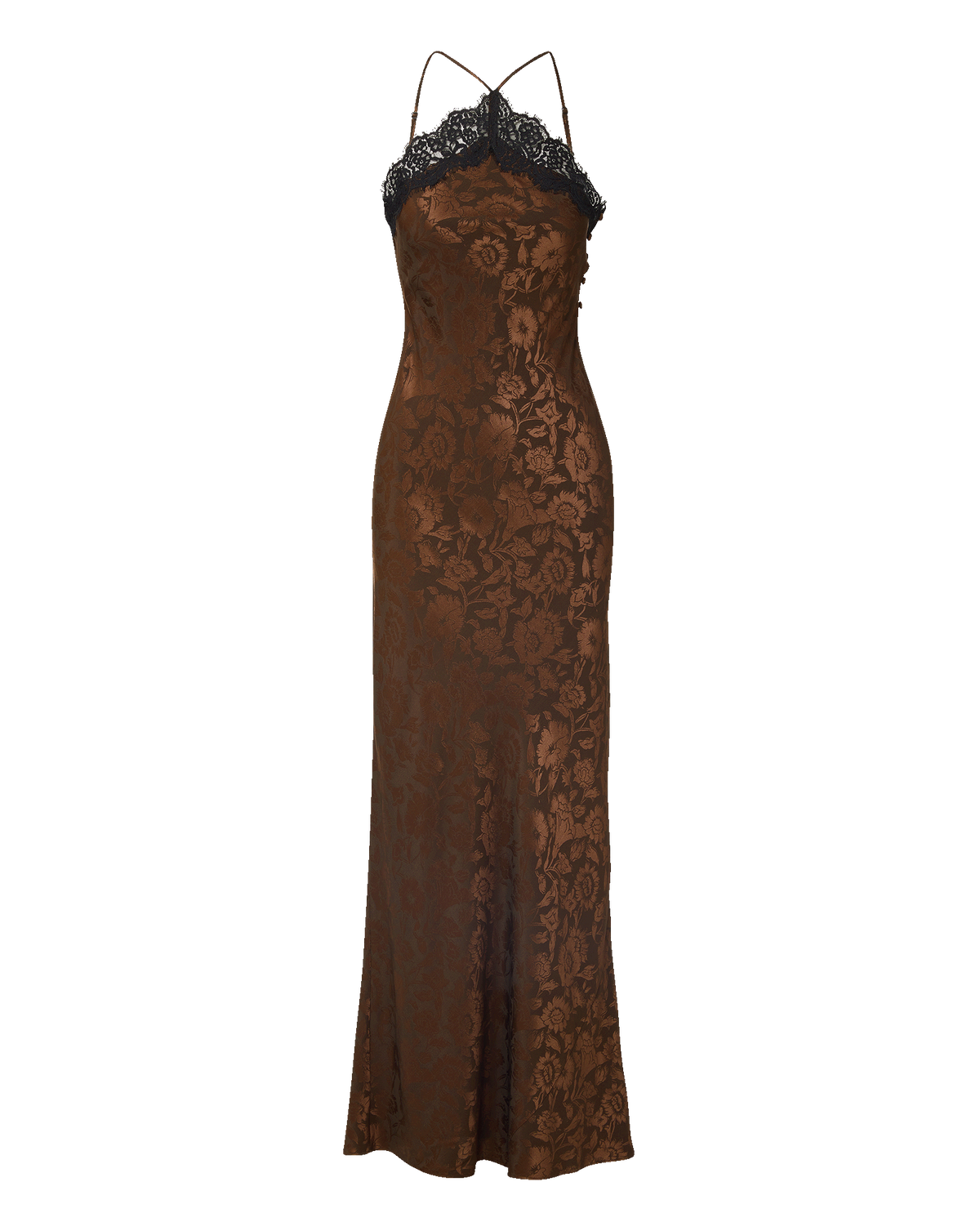 Veronica Beard Brown floral slip dress with black lace.