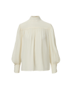 Veronica Beard Cream high-neck blouse with pleated front and puff sleeves.