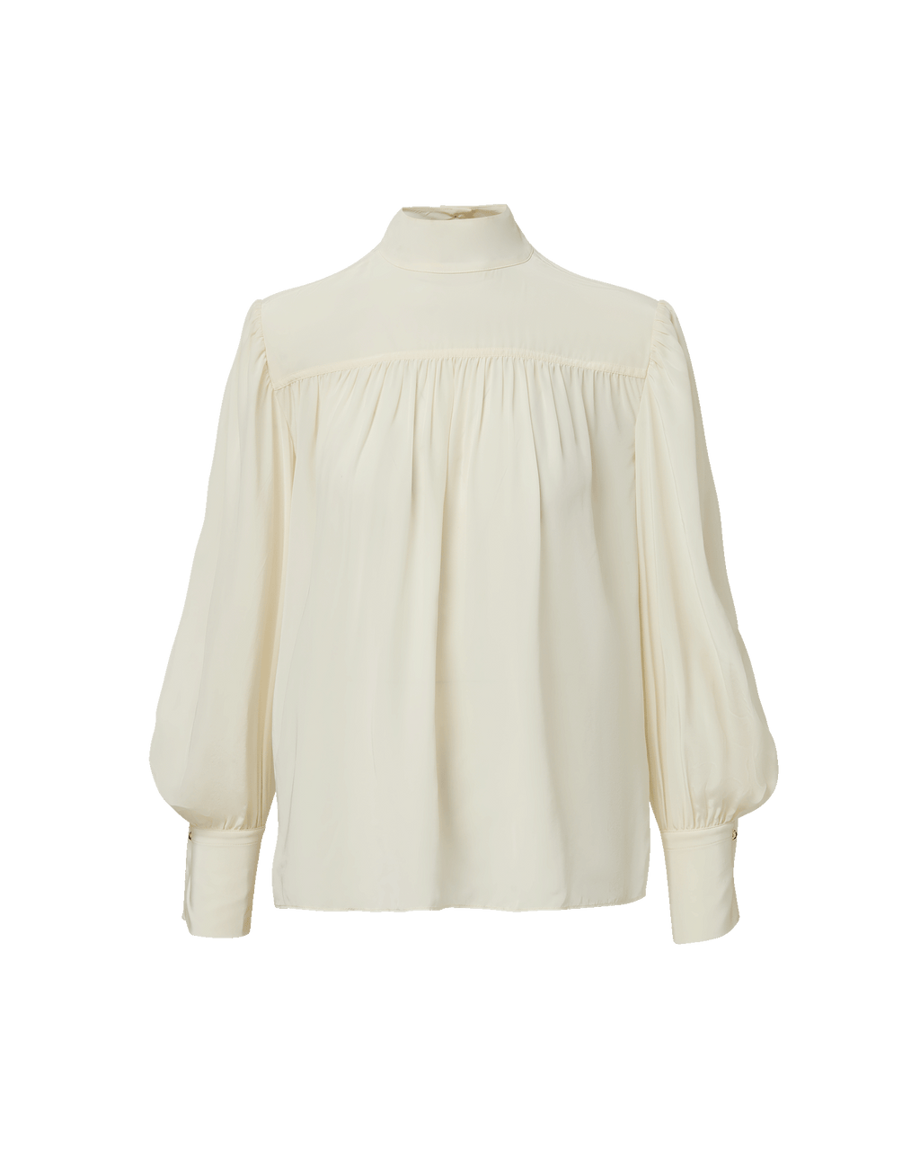 Veronica Beard Cream high-neck blouse with pleated front and puff sleeves.