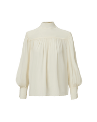 Veronica Beard Cream high-neck blouse with pleated front and puff sleeves.