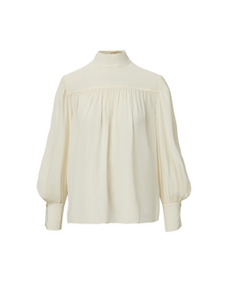 Veronica Beard Cream high-neck blouse with pleated front and puff sleeves.