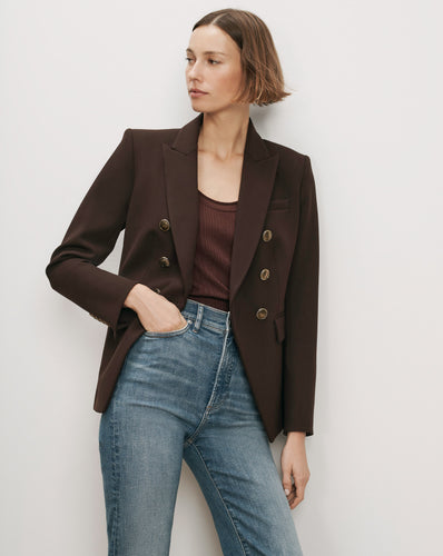 Veronica Beard Brown double-breasted blazer with gold buttons.