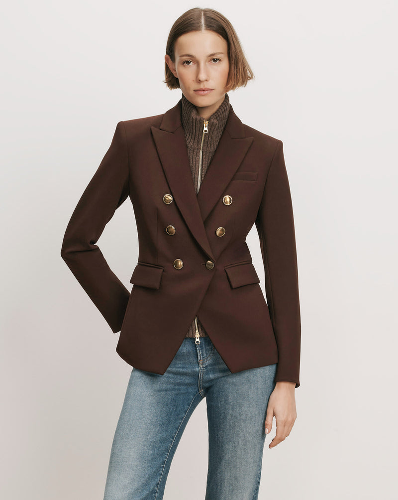Veronica Beard Brown double-breasted blazer with gold buttons.