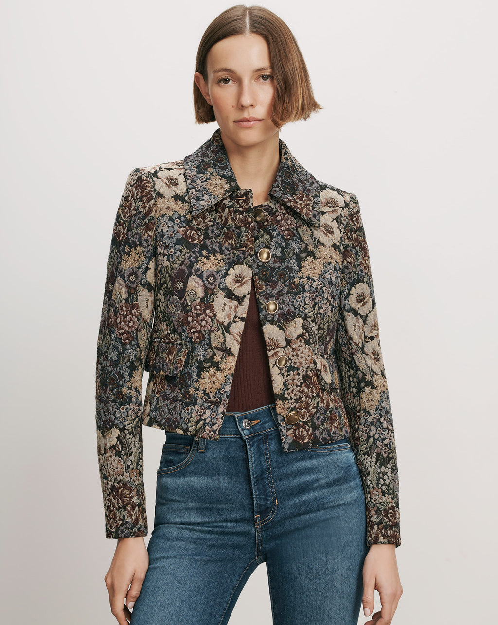 Veronica Beard Floral tapestry cropped jacket with gold buttons.