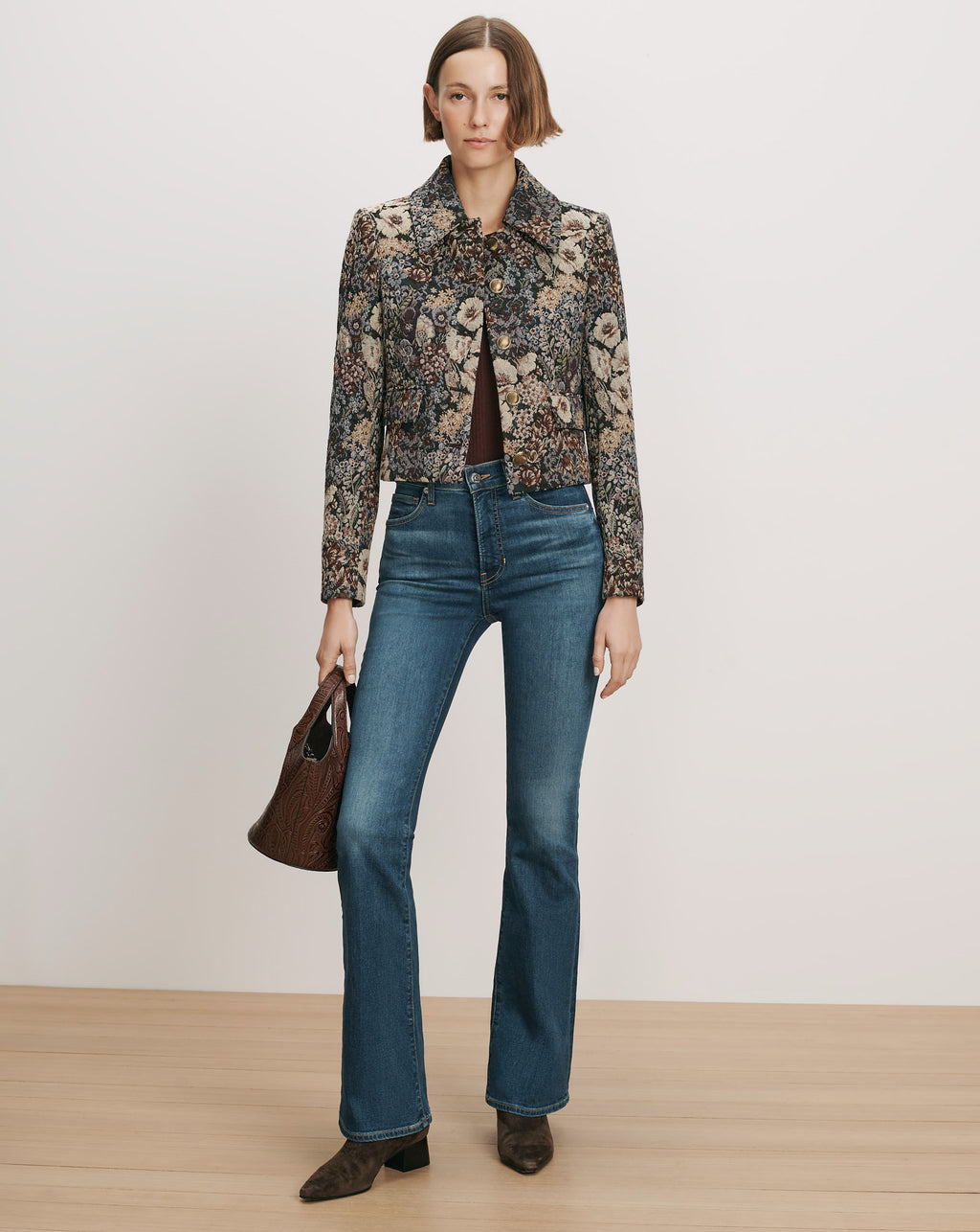 Veronica Beard Floral tapestry jacket, brown top, blue flare jeans