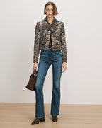 Veronica Beard Floral tapestry jacket, brown top, blue flare jeans