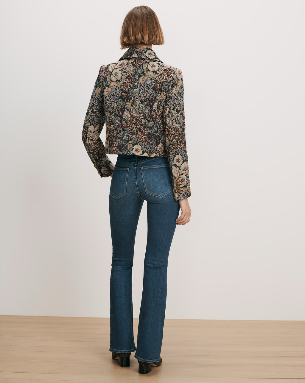 Veronica Beard Floral tapestry cropped jacket, dark wash flare jeans.